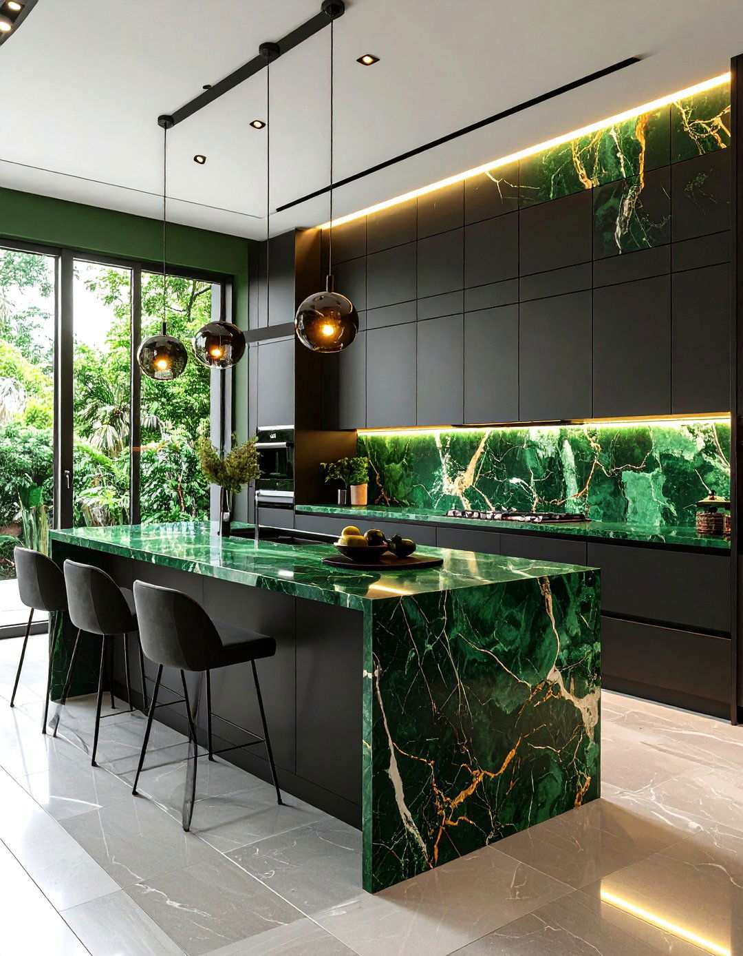 Green Marble Slab Splash Kitchen with Black Hardware - 20 Black and Green Kitchen Ideas