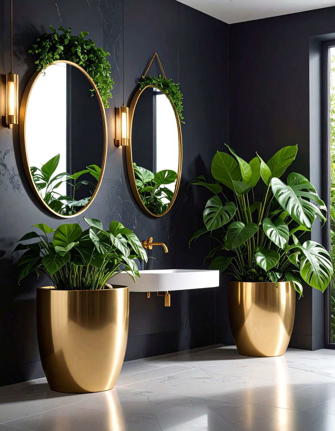 Greenery in Gilded Planters - 20 Black and Gold Bathroom Ideas