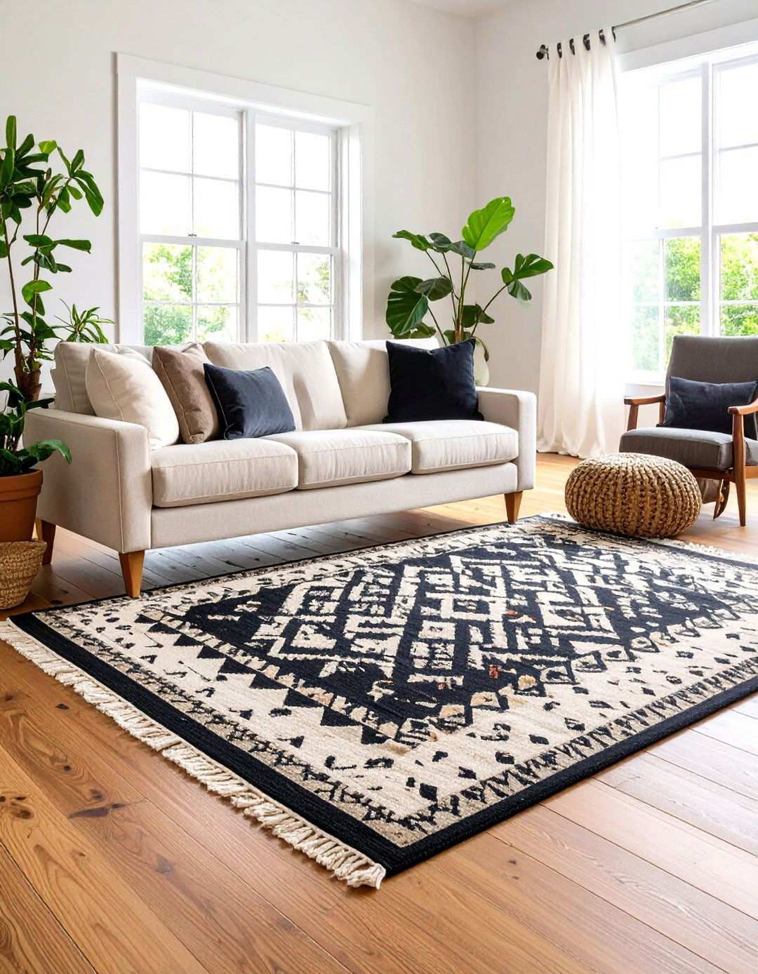 Ground the Look with a Monochrome Tribal Rug in Your Black and White Boho Living Room - 20 Black and White Boho Living Room Ideas