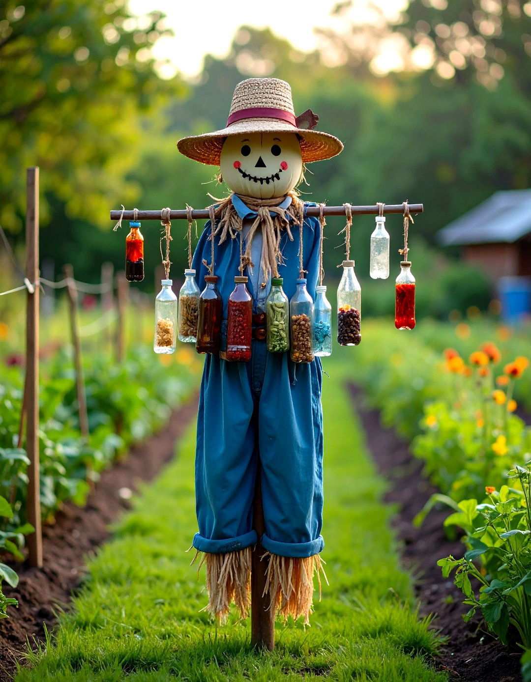 Hanging Bottle Rattle Scarecrow - 20 Garden Scarecrow Ideas