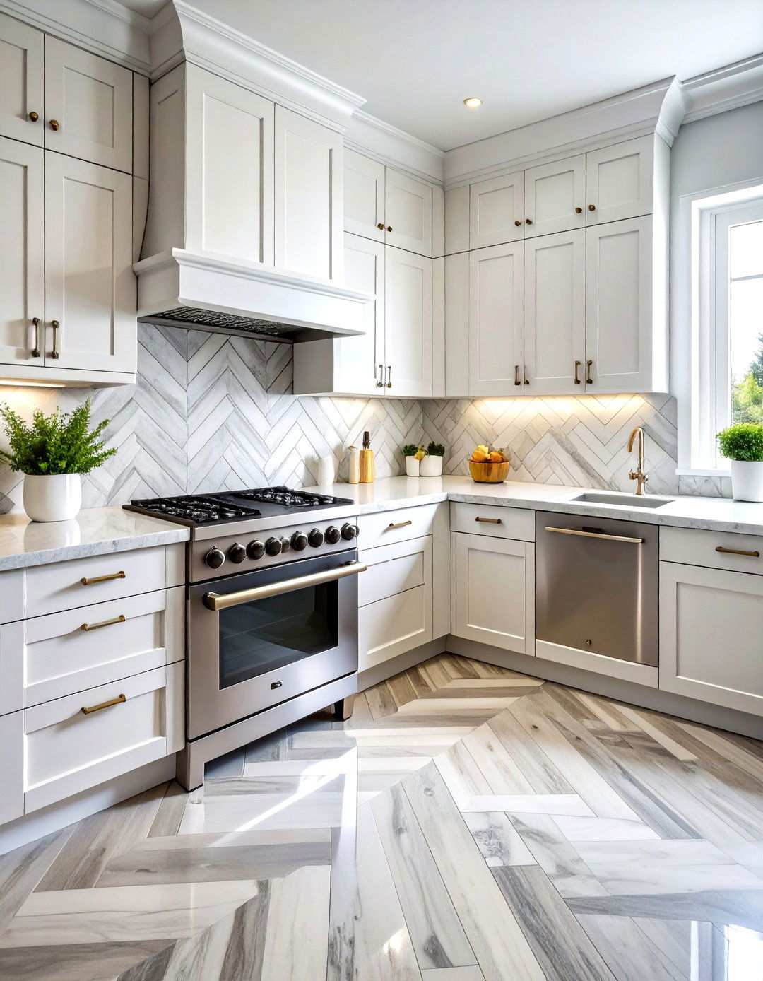 Herringbone Pattern Marble Backsplash - 20 Backsplash Ideas for White Cabinets and Granite Countertops