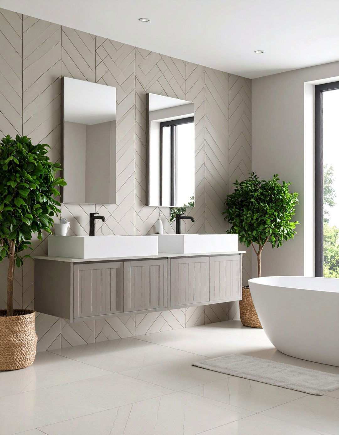 Herringbone Tile Layout Adds Movement and Height - 20 Bathroom Tile Ideas