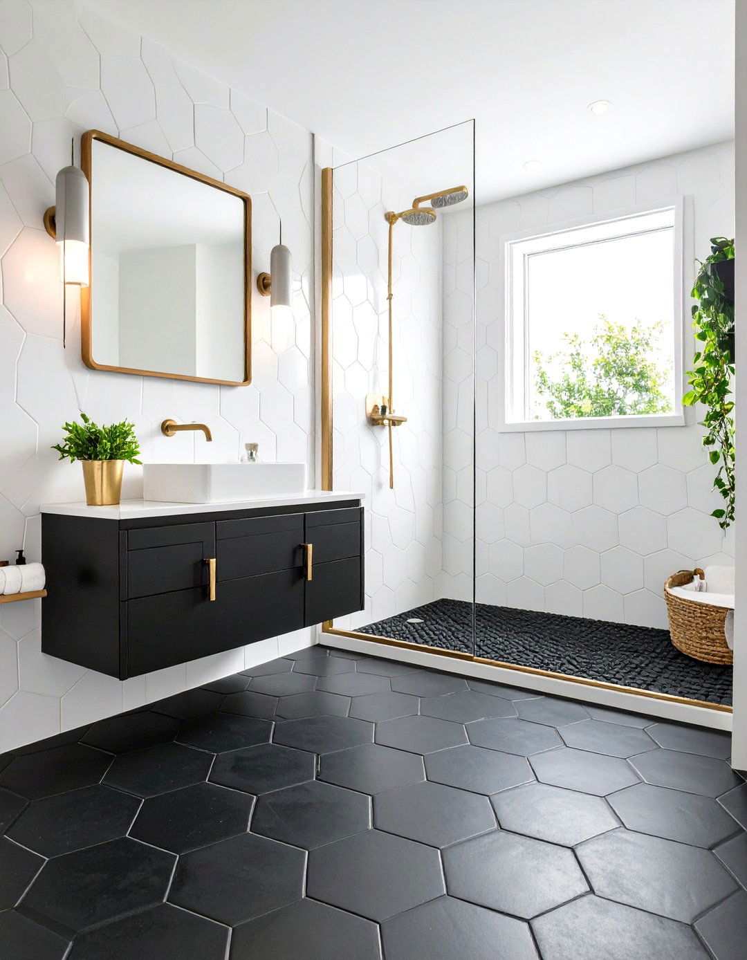 Hexagon Pattern Black Floor Meets White Walls - 20 Black and White Bathroom Tile Ideas