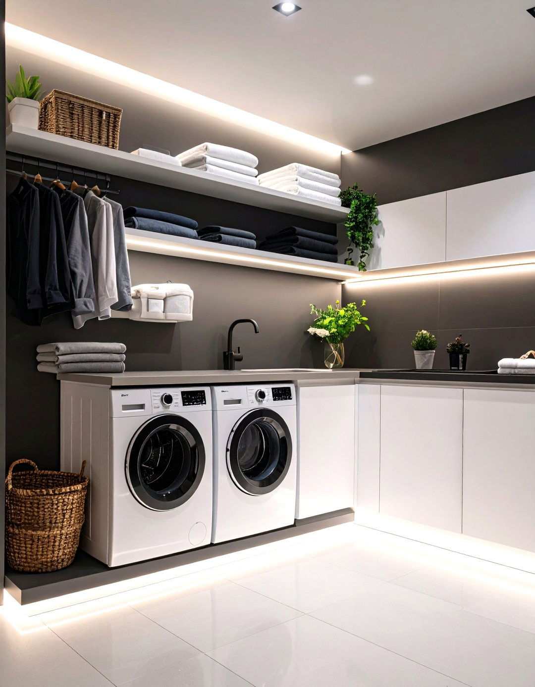 Hidden LED Shelf Lighting - 20 Black and White Laundry Room Ideas