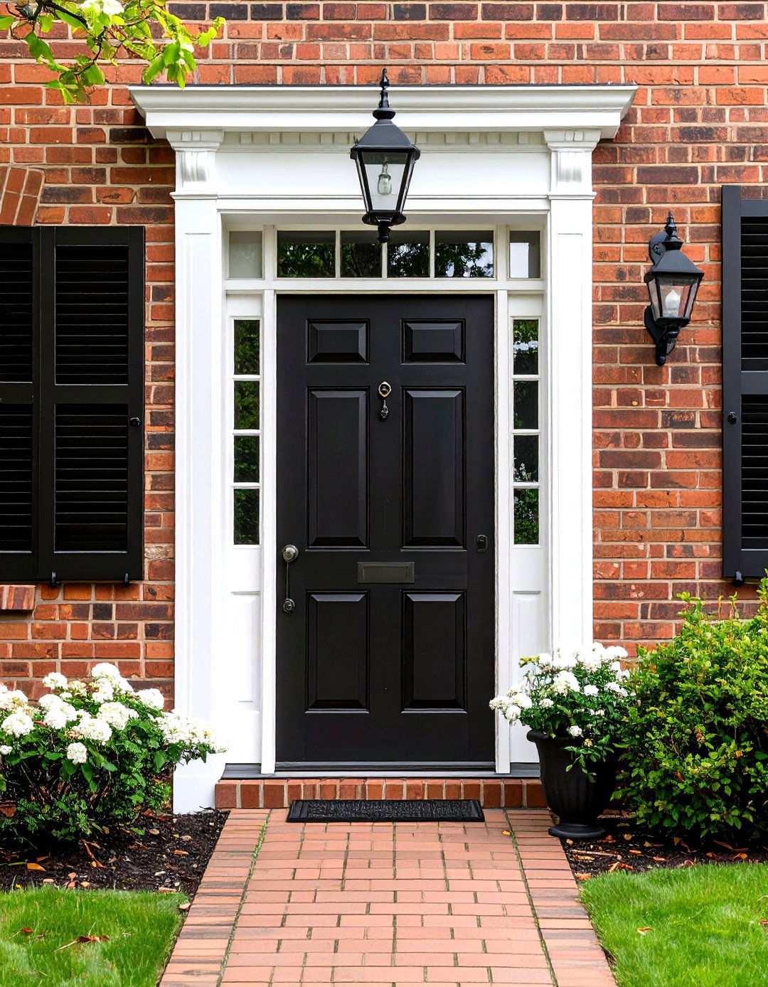 High Contrast Black Front Door on Brick Faade - 20 Black Front Door Ideas