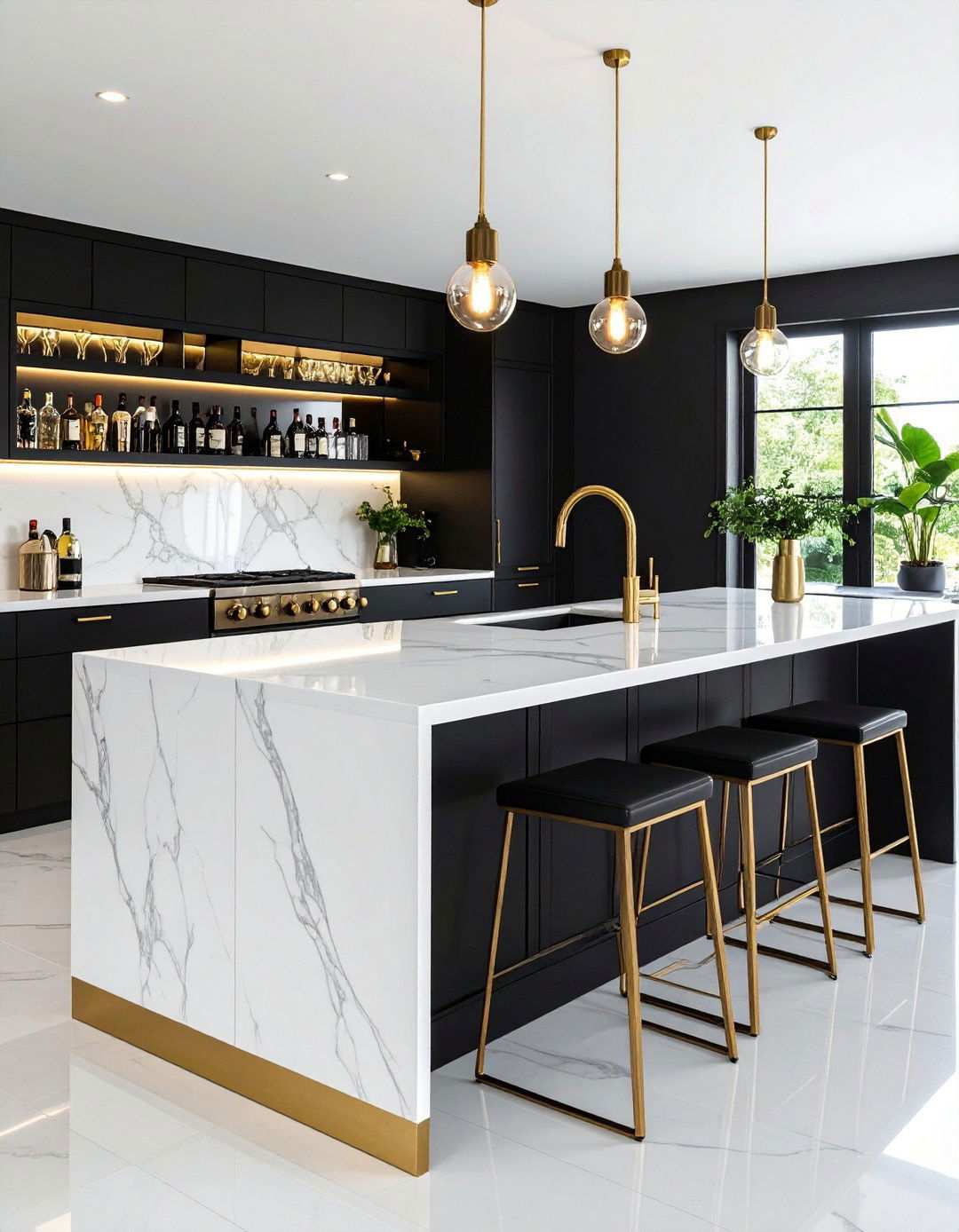 High Contrast Black Island with White Marble Top - 20 Black Kitchen Islands