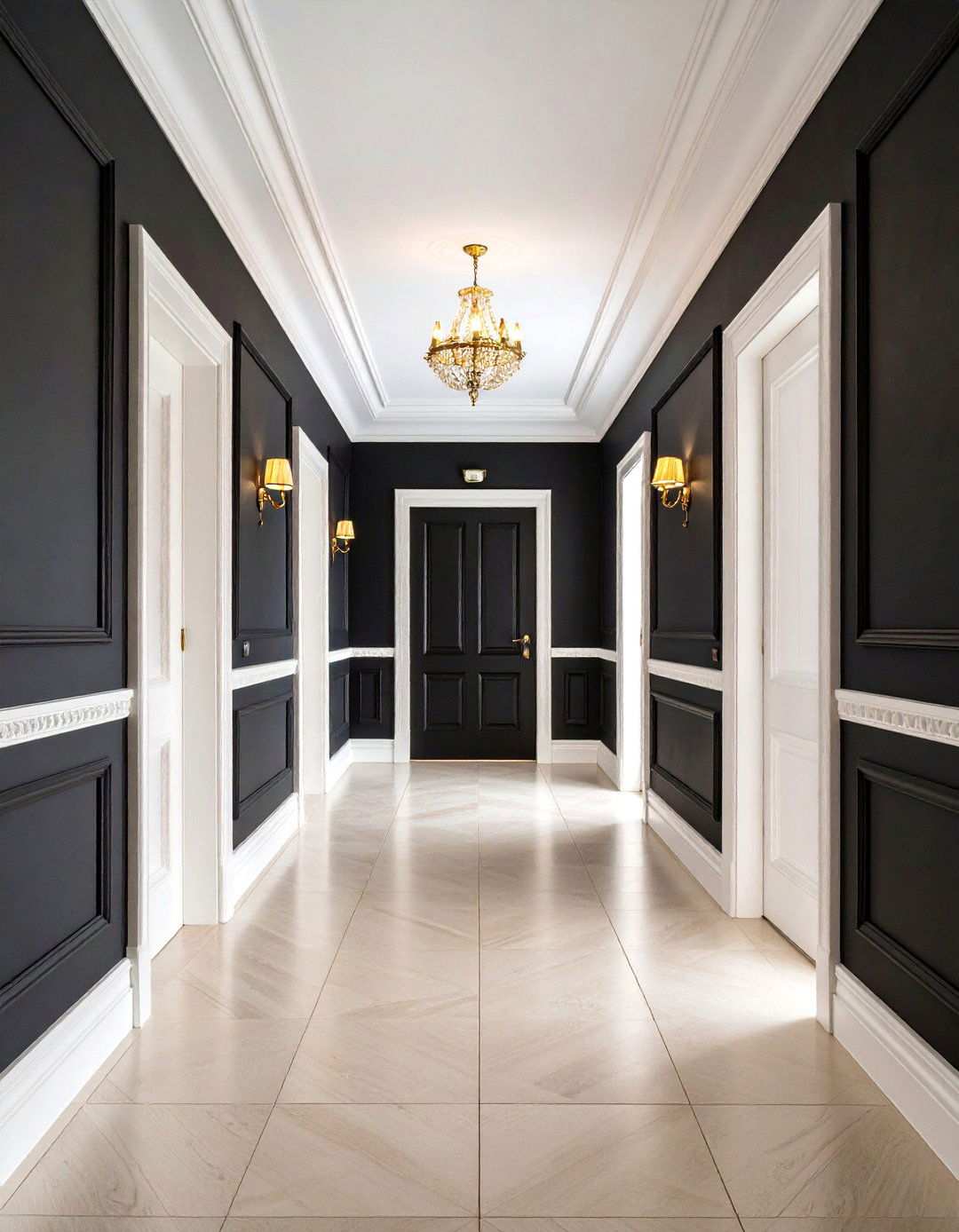 High Contrast Trim in a Black Hallway - 20 Black Hallway Ideas