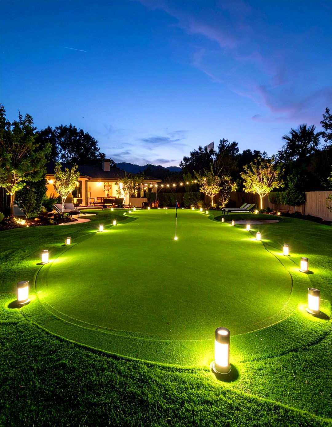 Illuminated Putting Green for Night Play - 20 Backyard Putting Green Ideas