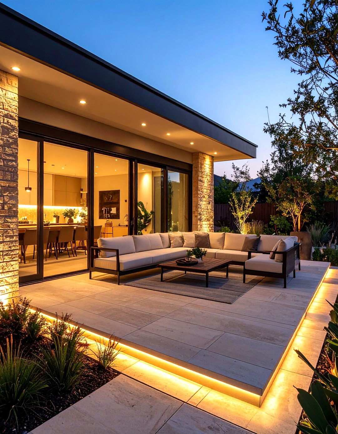 Indoor Outdoor Flow with Beige Brick Patio Walls - 20 Beige Brick Exterior Home Ideas