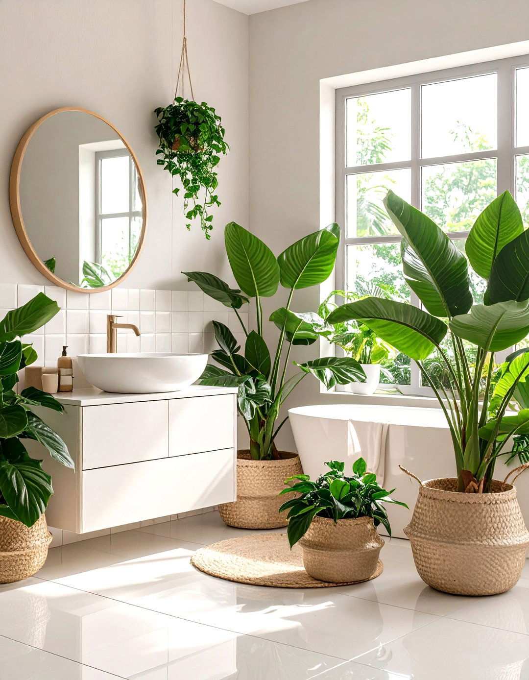 Indoor Plants in a Beige and White Bathroom - 20 Beige and White Bathroom Ideas