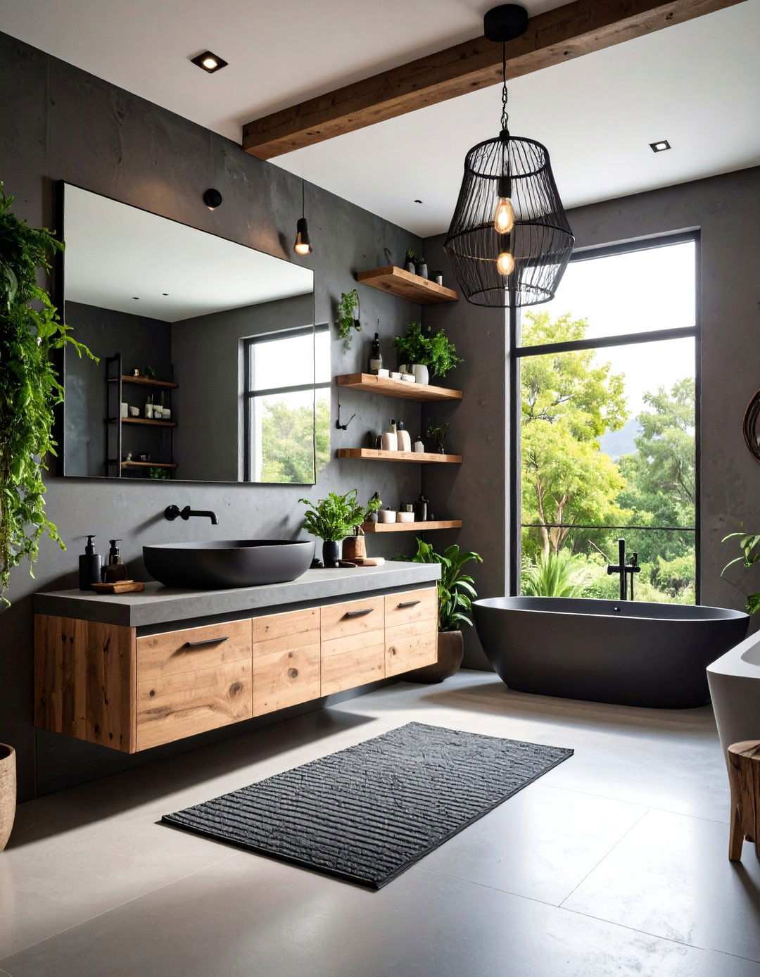 Industrial Concrete and Black Combo - 20 Black Bathroom Ideas