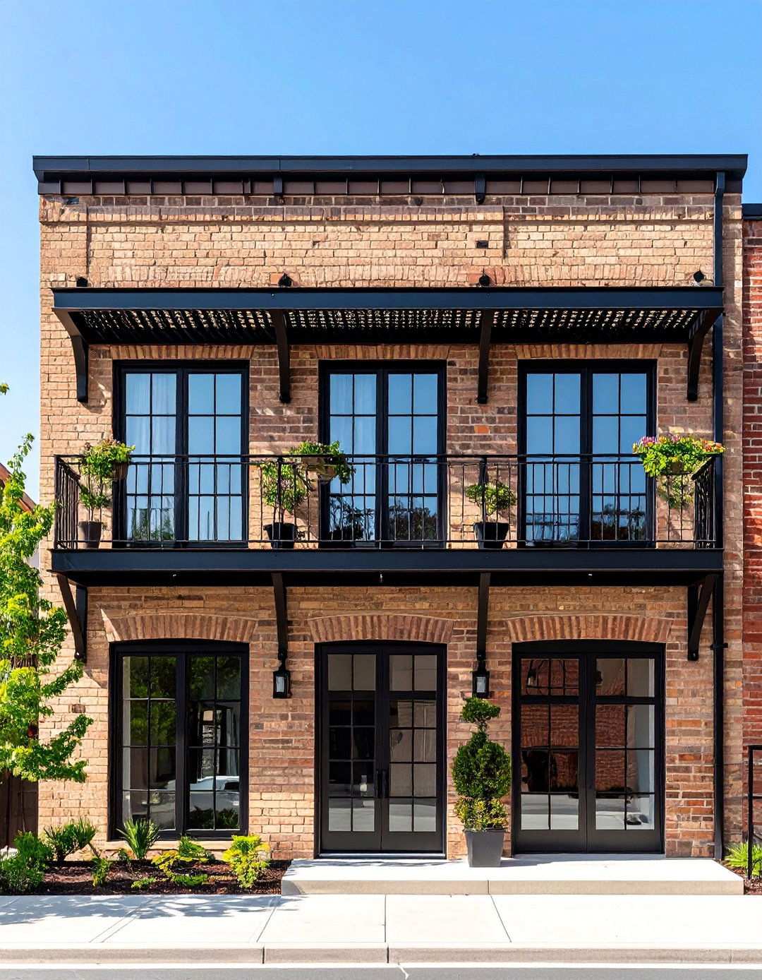 Industrial Edge Beige Brick and Dark Windows - 20 Beige Brick Exterior Home Ideas
