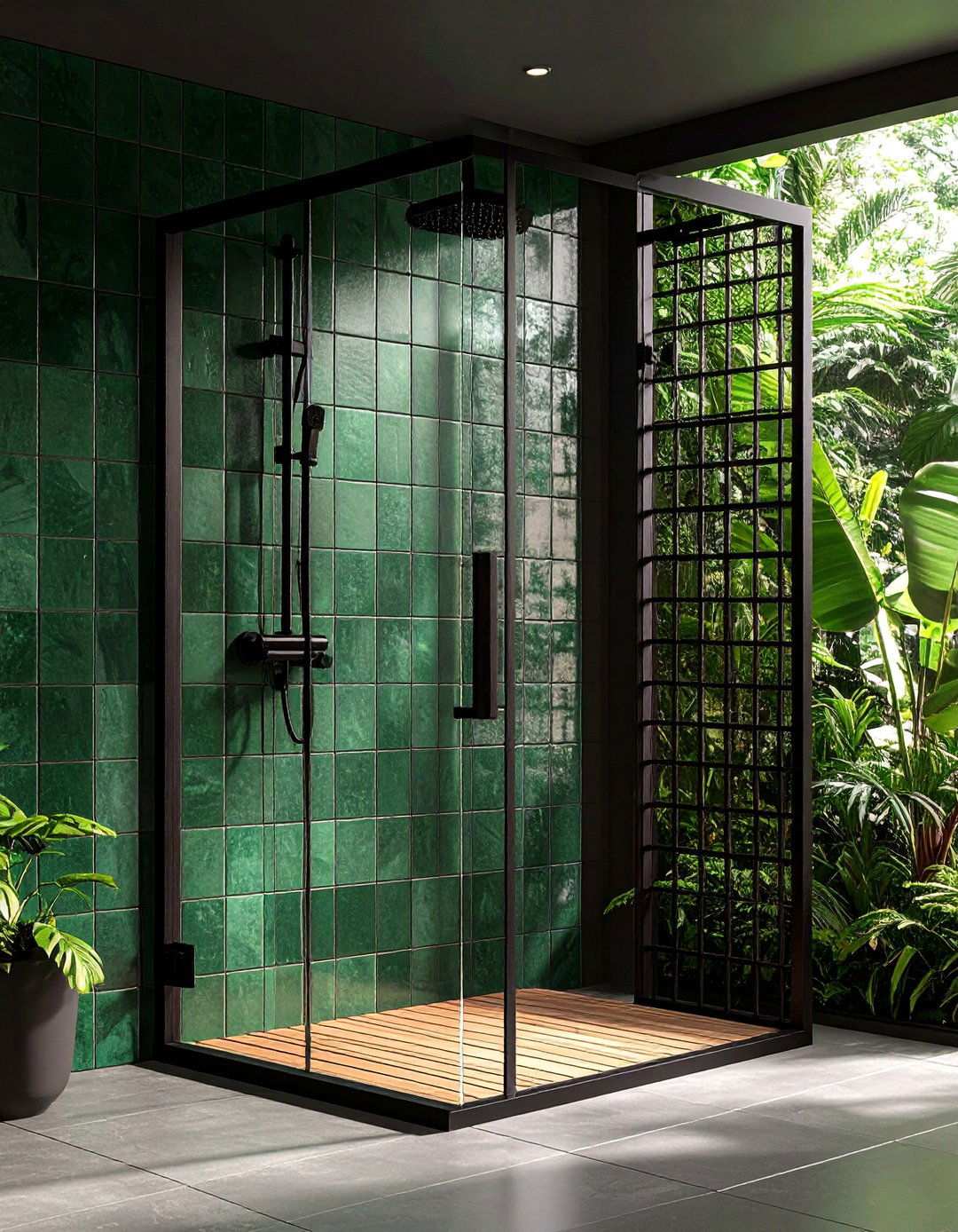 Industrial Grid Glass Jade Tile Backdrop - 20 Black and Green Bathroom Ideas
