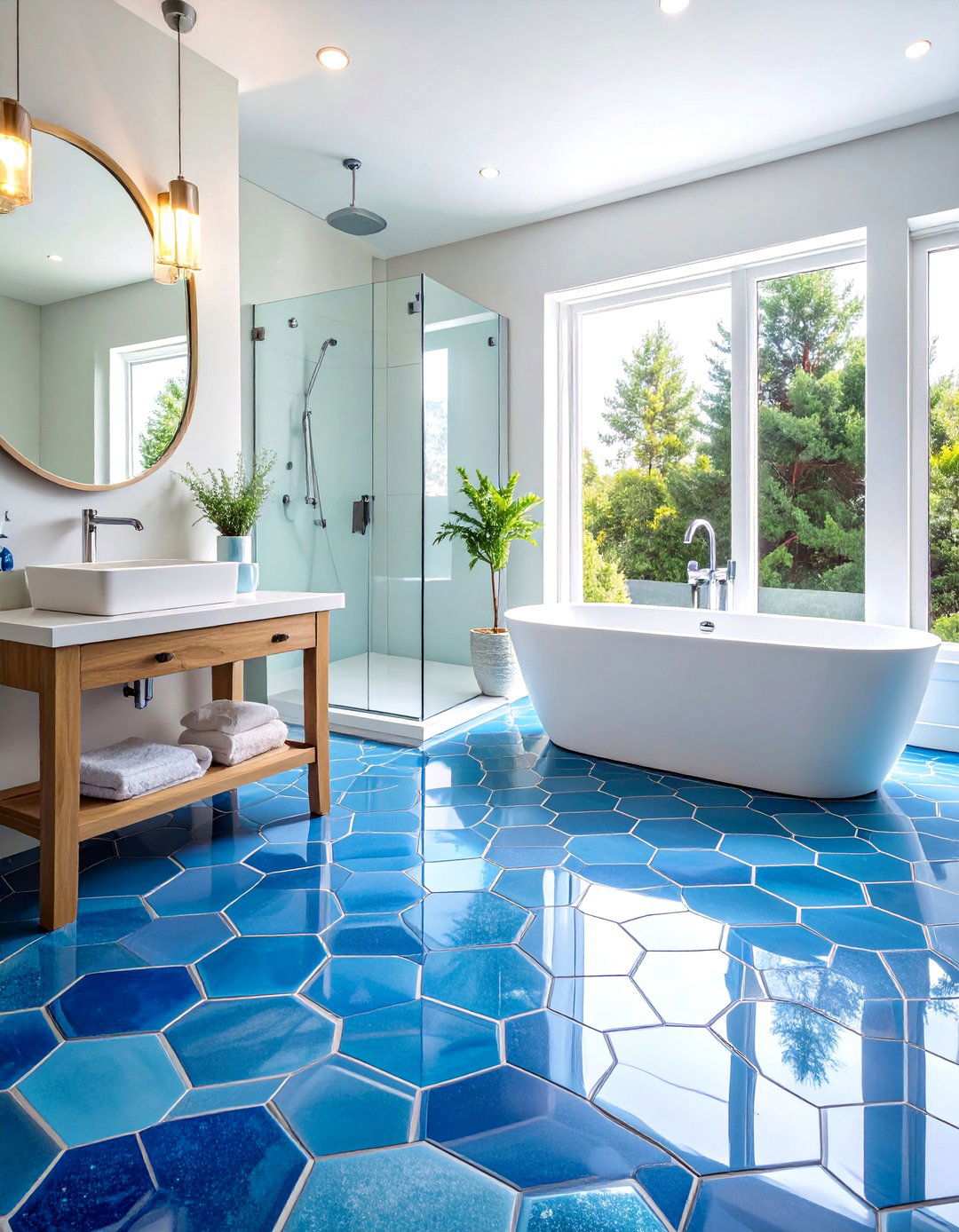 Iridescent Blue Bathroom With Hexagon Tile Floor - 20 Bathrooms With Hexagon Tile Floors