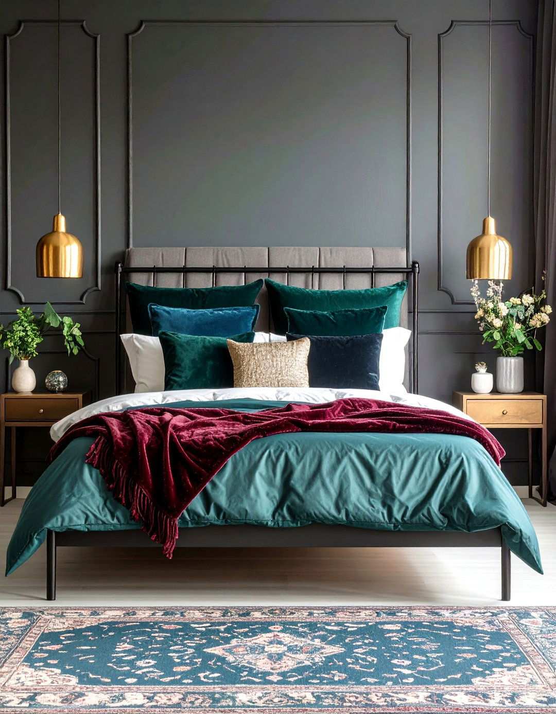 Jewel Tone Textiles - 20 Black Accent Wall Bedroom Ideas