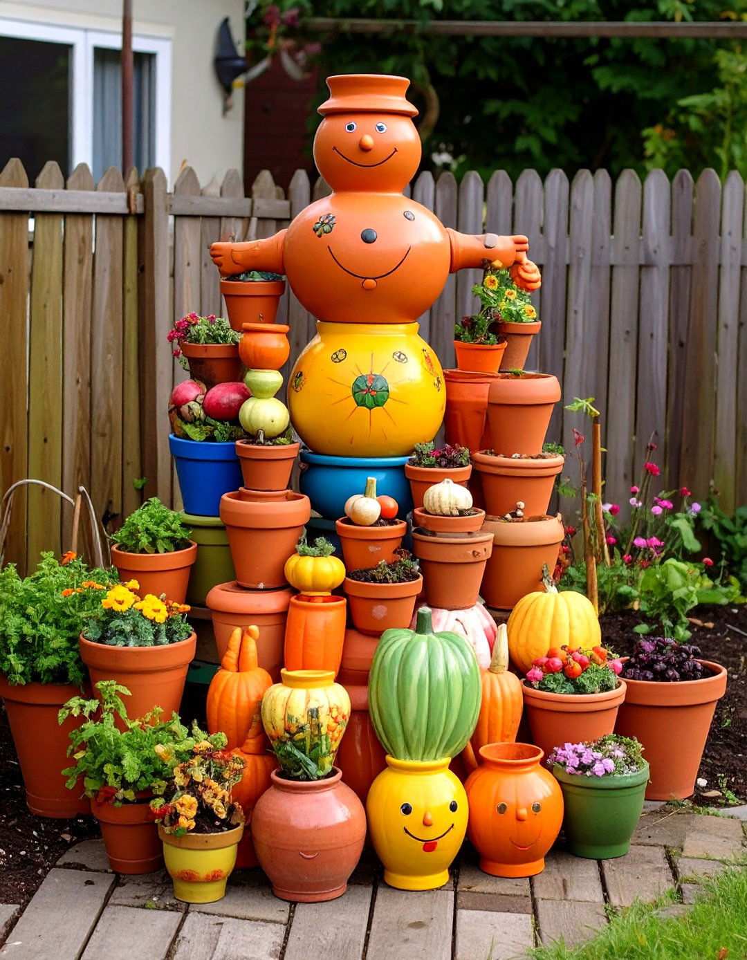 Kid Painted Terra Cotta Pot Scarecrow - 20 Garden Scarecrow Ideas