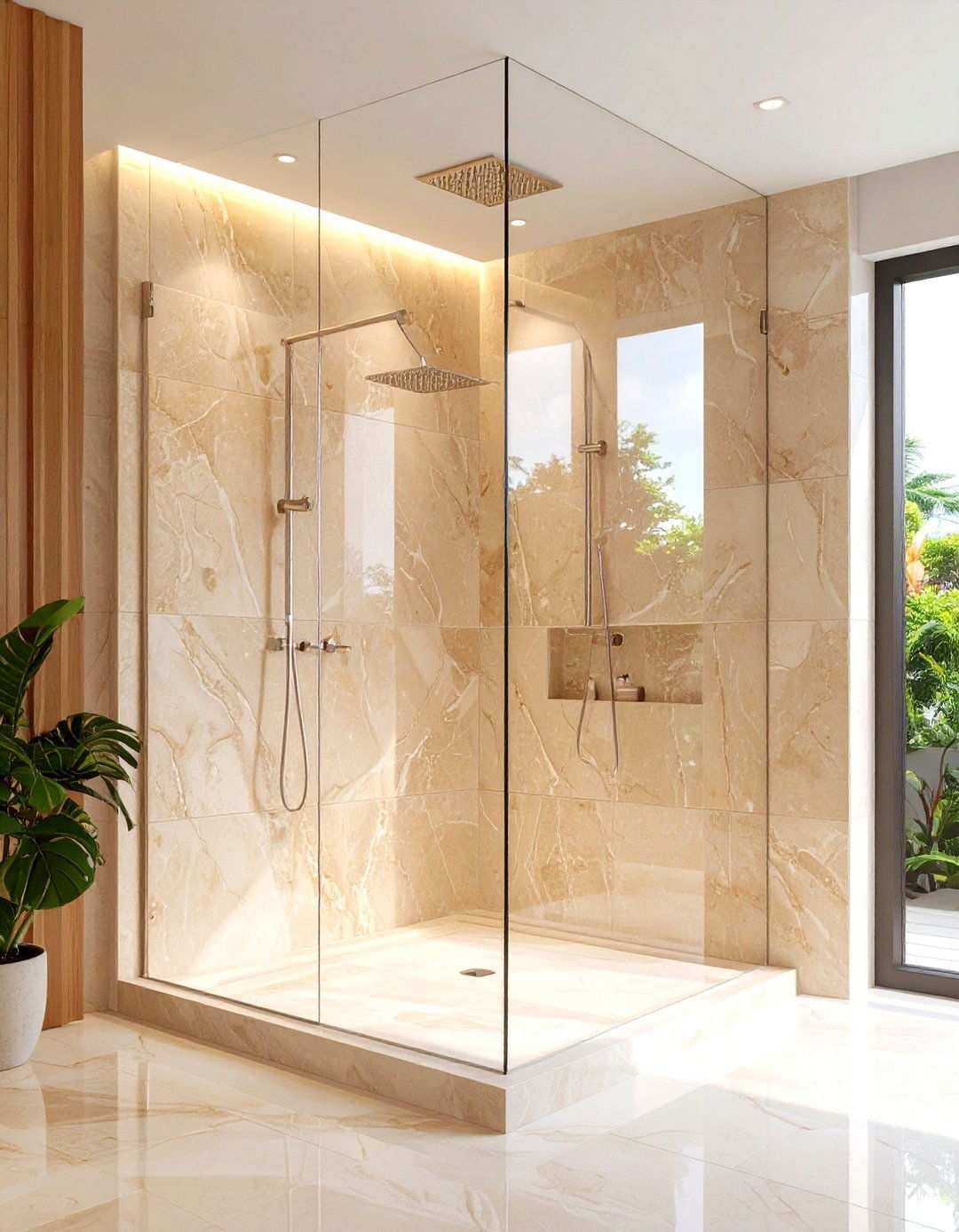 Large Format Beige Marble Shower Bathroom - 20 Beige and White Bathroom Ideas