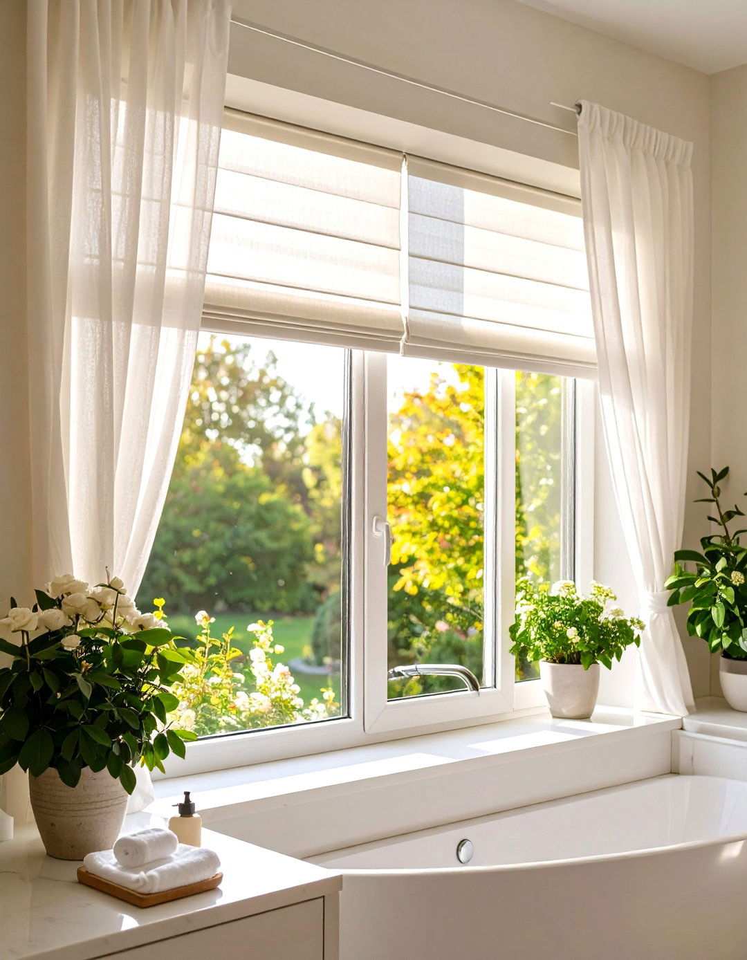 Layer Sheer Drapes over Blinds for Hotel Suite Luxury - 20 Bathroom Window Treatment Ideas
