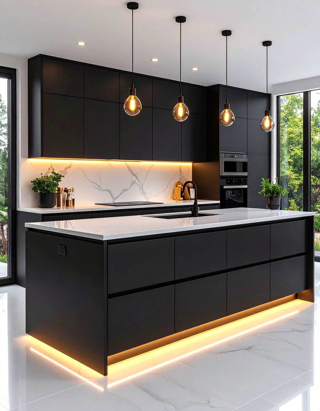 Layered Lighting for Black Kitchen Cabinets Over White Tops - 20 Black Kitchen Cabinets With White Countertops