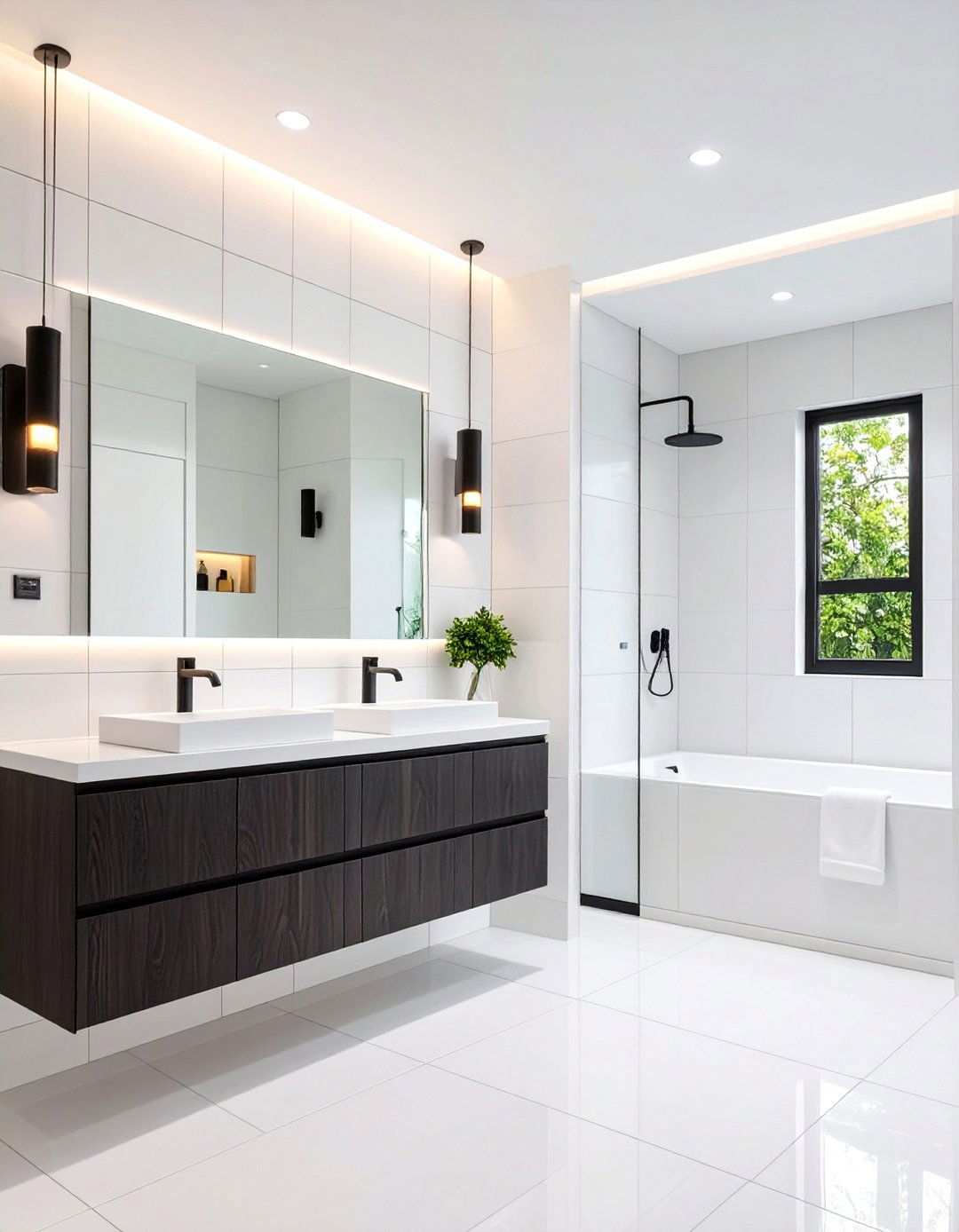 Layered Lighting Highlights Black and White Surfaces - 20 Black and White Bathroom Ideas