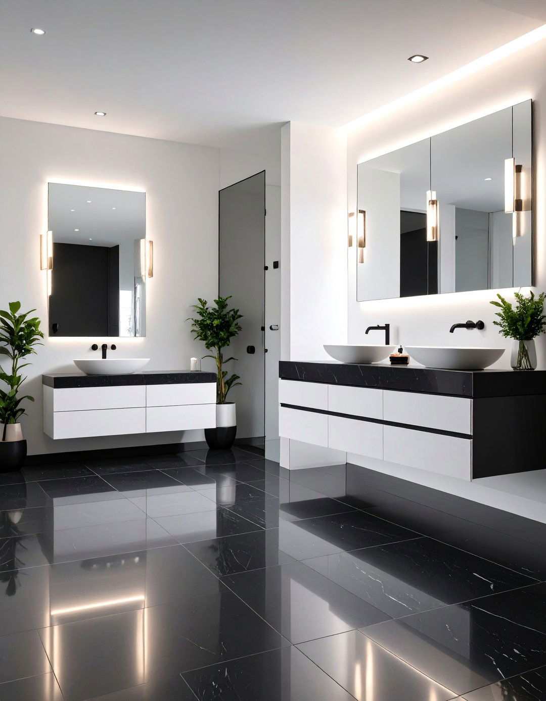 Layered Lighting in a Black Floor Bathroom Keeps Brightness Balanced - 20 Black Floor Bathroom With White Walls Ideas