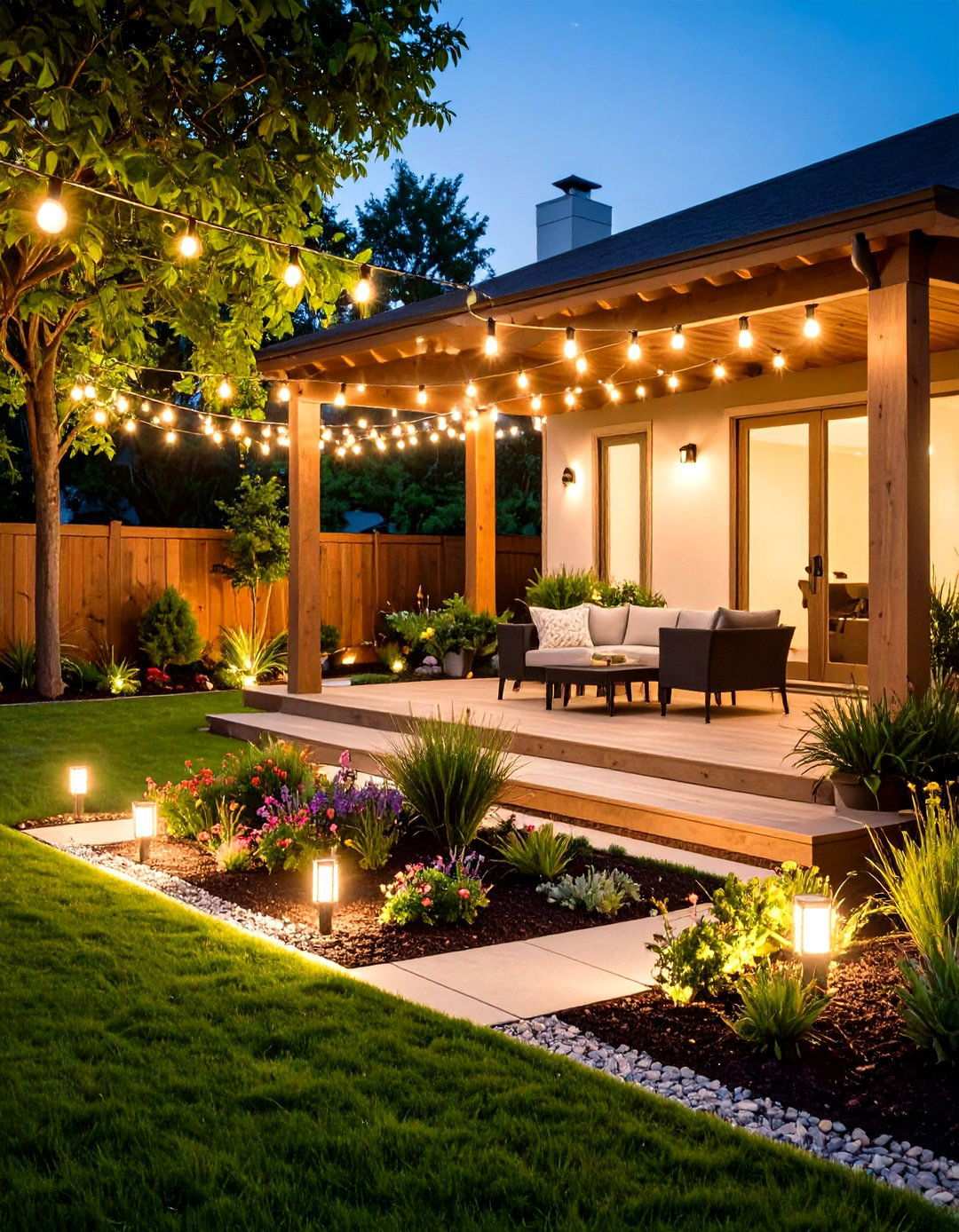 Layered Lighting Turns the Backyard Oasis into Night Time Magic - 20 Backyard Oasis Ideas