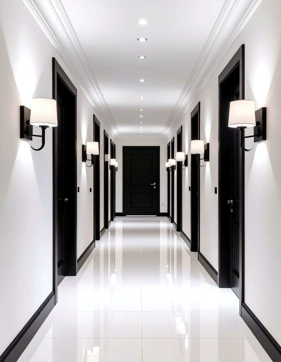 Layered Lighting with Sleek Wall Sconces - 20 Black and White Hallway Ideas