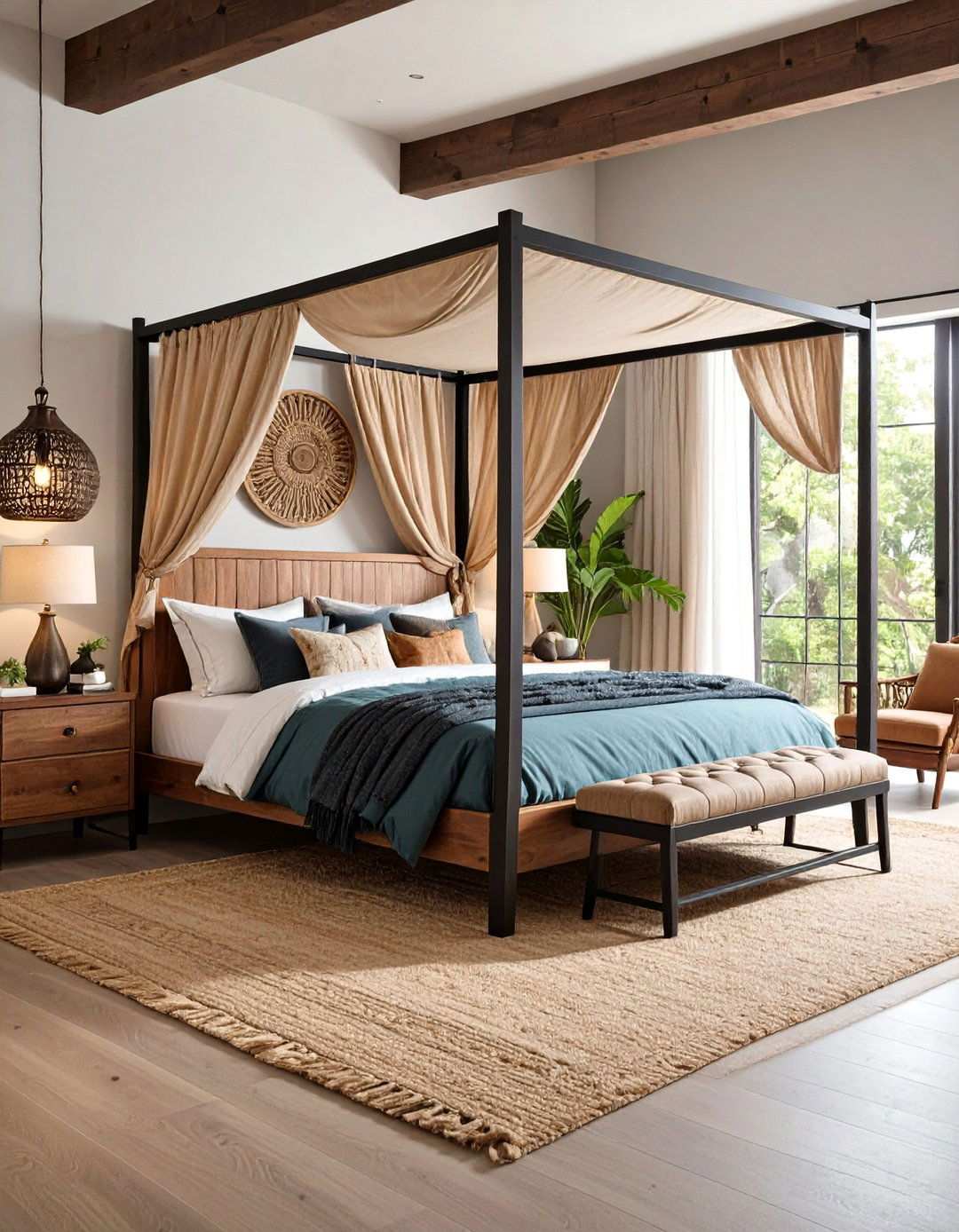 Layered Wood Tones with Black Metal Add Natural Dimension - 20 Black and Brown Bedroom Ideas