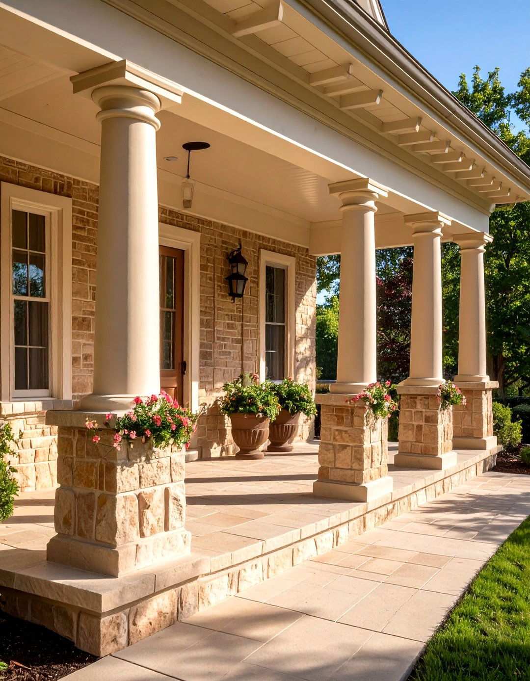 Layering Beige Brick with Stone Columns - 20 Beige Brick Exterior Home Ideas