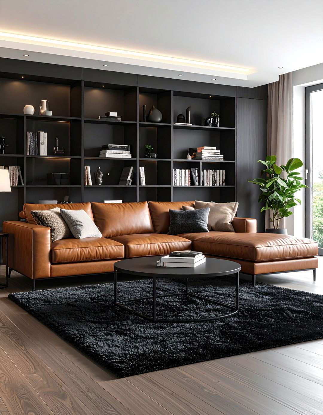 Leather Lounging on Black Carpet - 20 Black Carpet Living Room Ideas