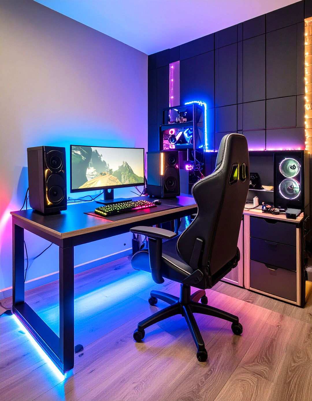 LED Strip Highlights Illuminate a Black Gaming Room - 20 Black Gaming Room Ideas