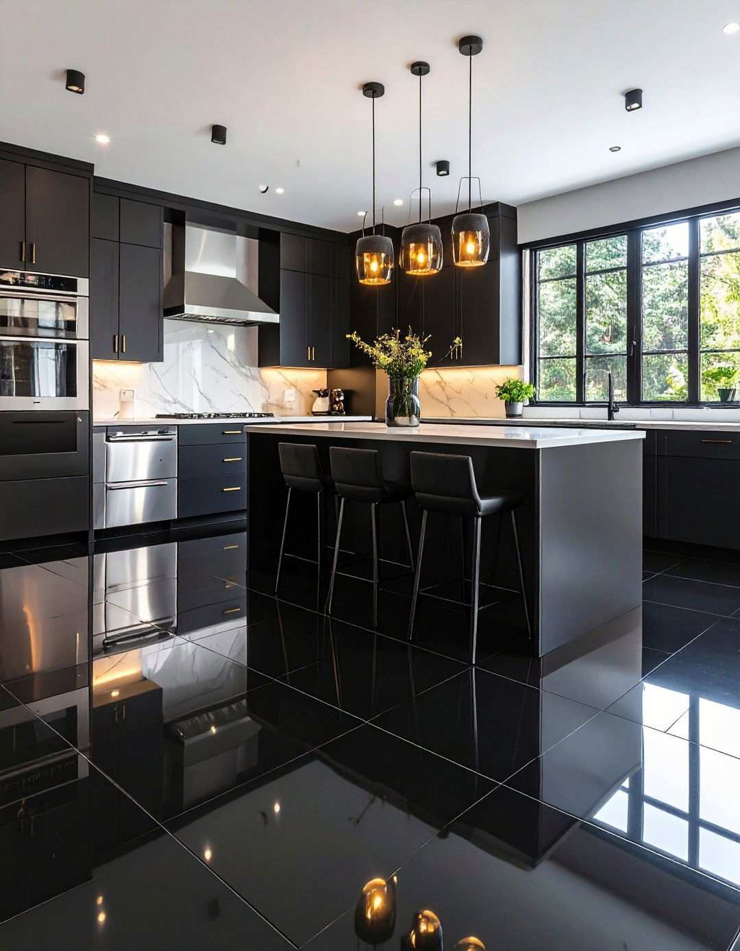 Light Boosting Glossy Black Kitchen Floor Tiles - 20 Black Kitchen Floor Ideas