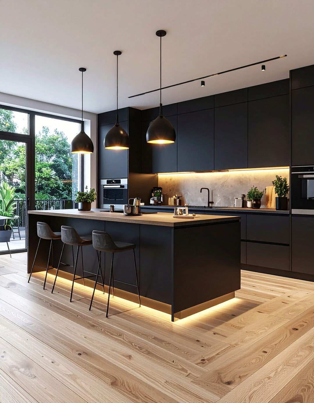 Light Flooring to Balance the Palette - 20 Black Kitchen Cabinet Ideas