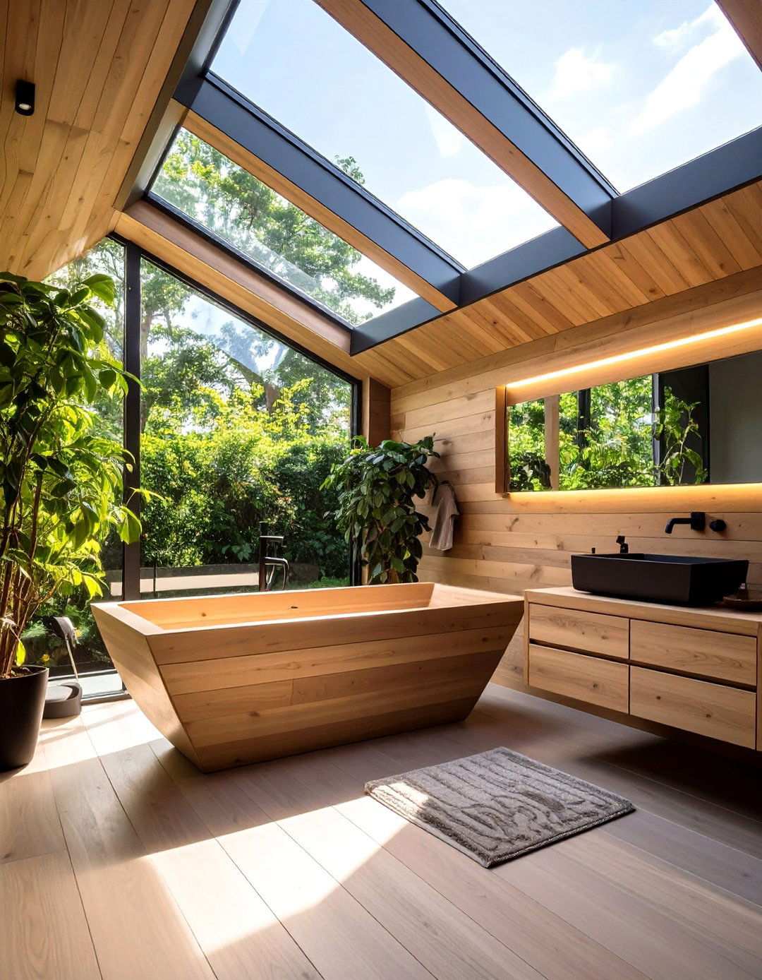 Light Play Skylight on Black Accents and Blonde Wood - 20 Black and Wood Bathroom Ideas