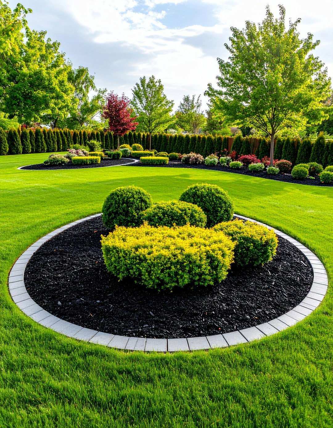 Low Maintenance Island Beds of Black Mulch in Open Lawn - 20 Black Mulch Landscaping Ideas