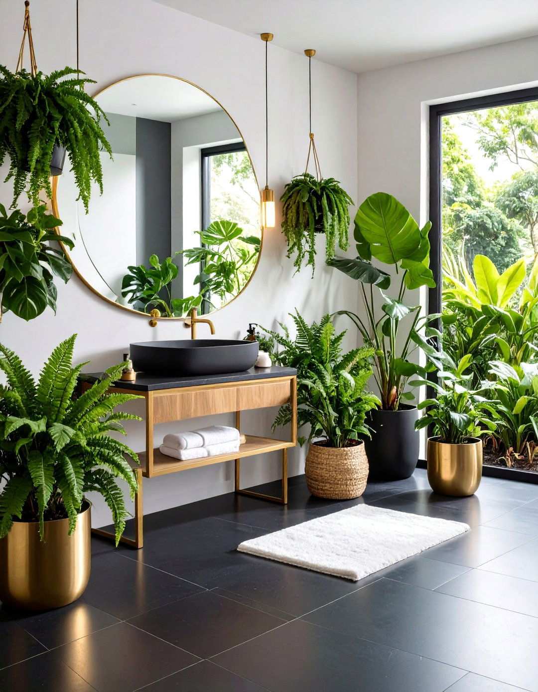 Lush Greenery Against the Dark Canvas - 20 Black Floor Bathroom Ideas