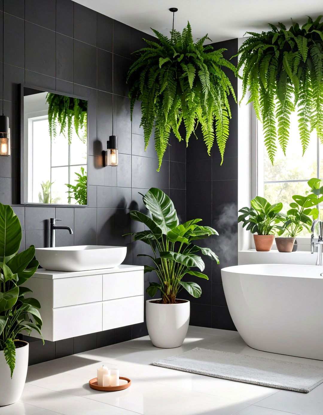 Lush Greenery Pops Against Charcoal - 20 Black Bathroom Ideas