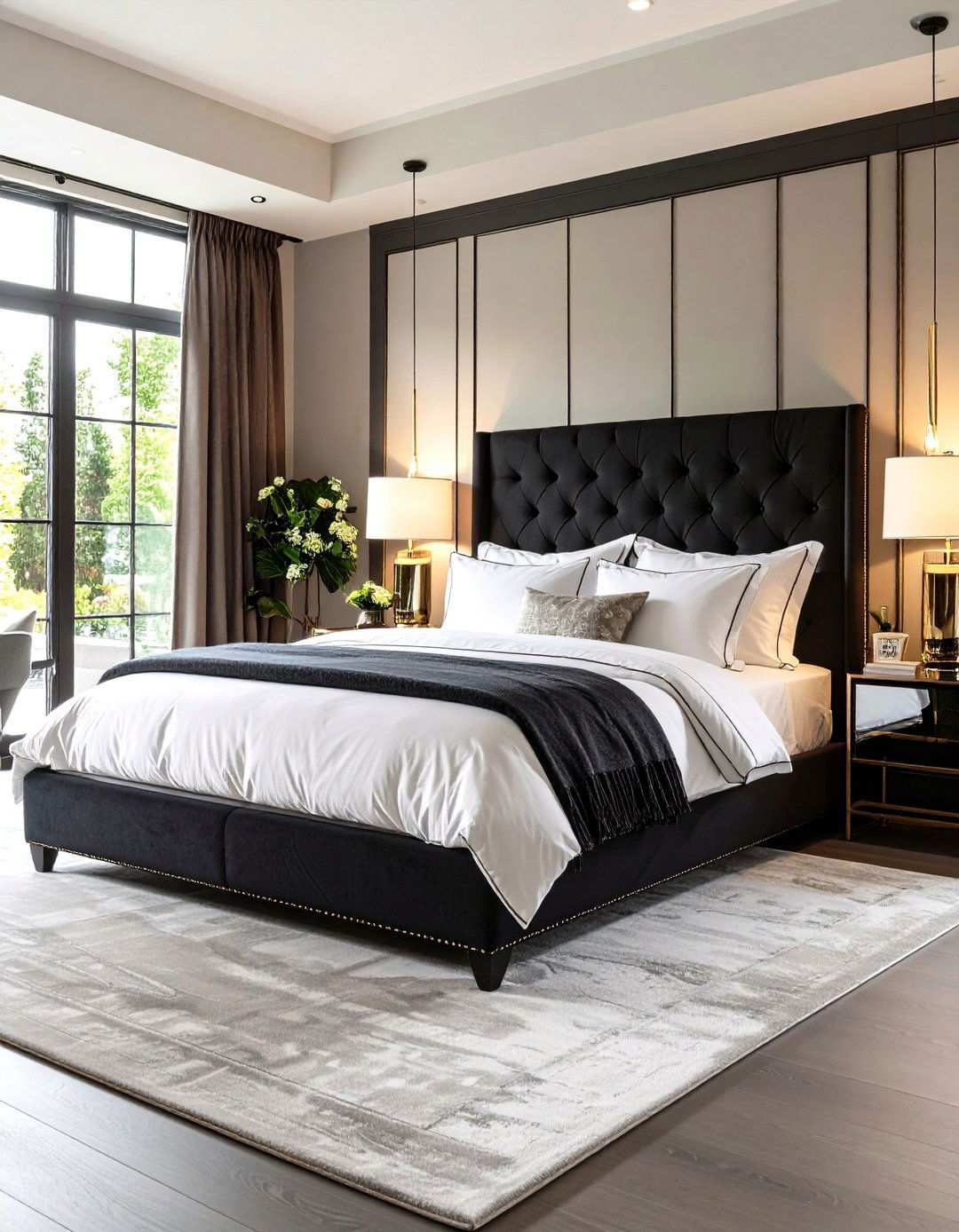 Luxe Hotel Style Black Headboard and Mirror Edge Silver Lamps - 20 Black and Silver Bedroom Ideas