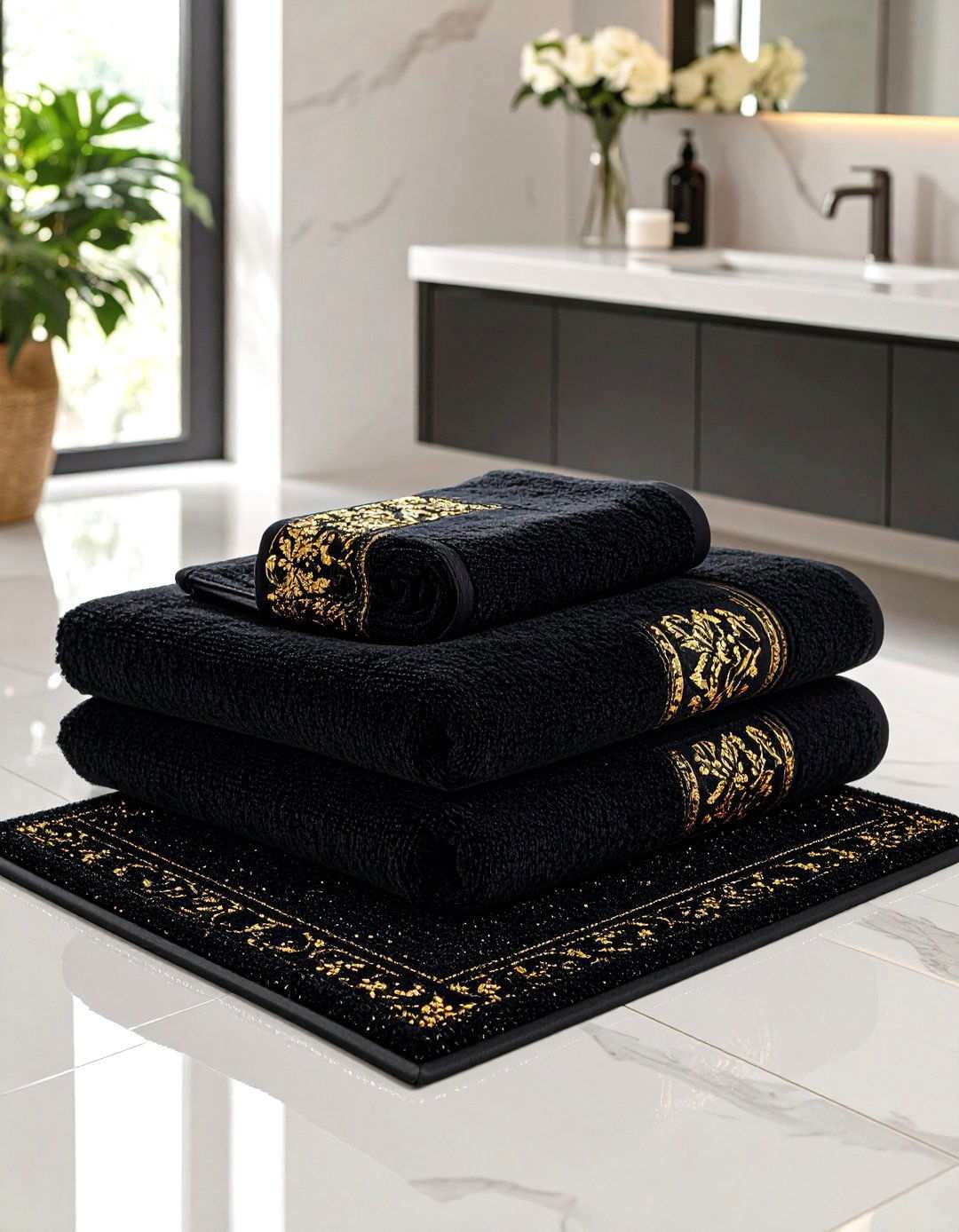 Luxe Textiles with Metallic Edging - 20 Black and Gold Bathroom Ideas
