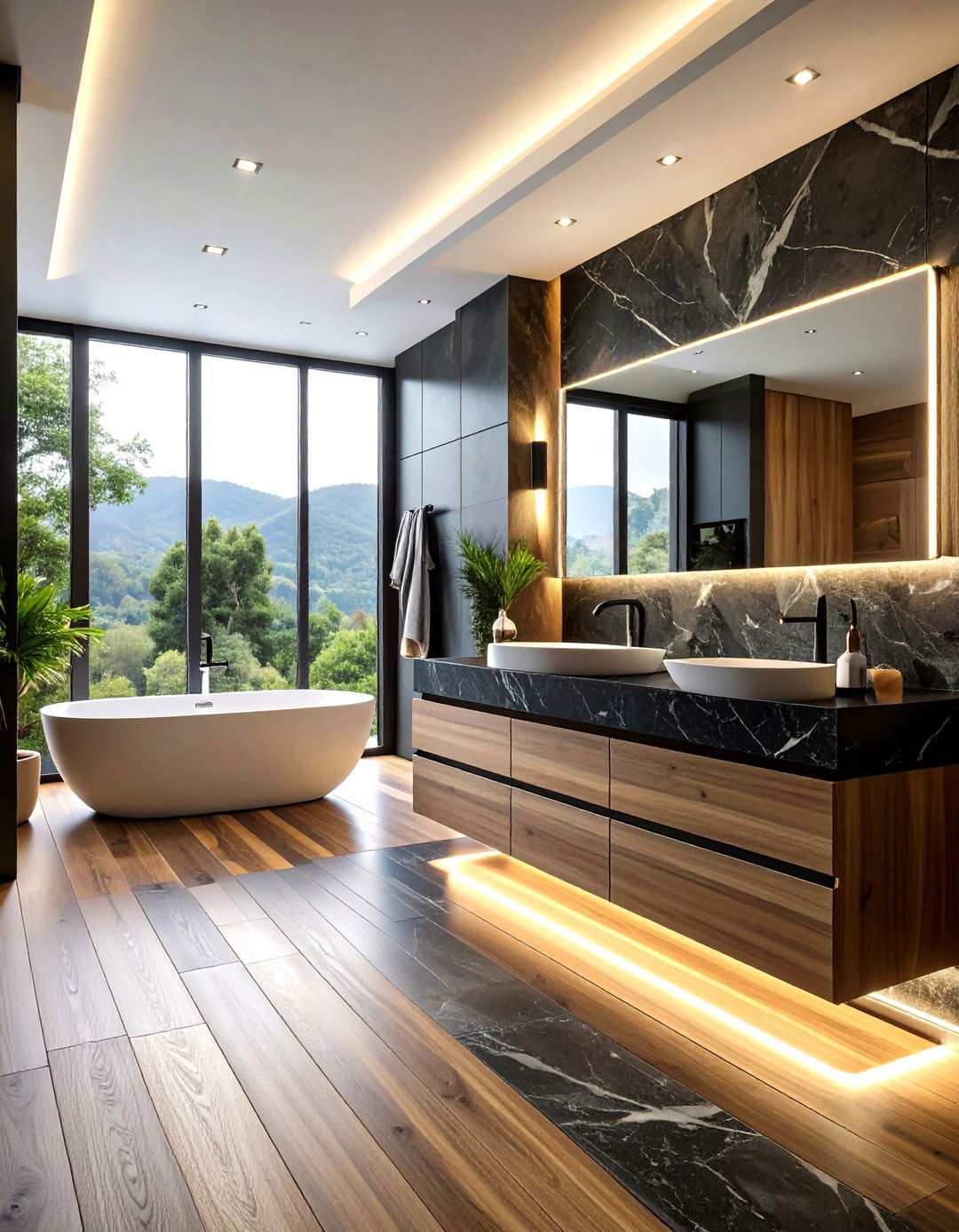 Luxury Bathroom with Black Countertops and Waterfall Edges - 20 bathroom with black countertops ideas