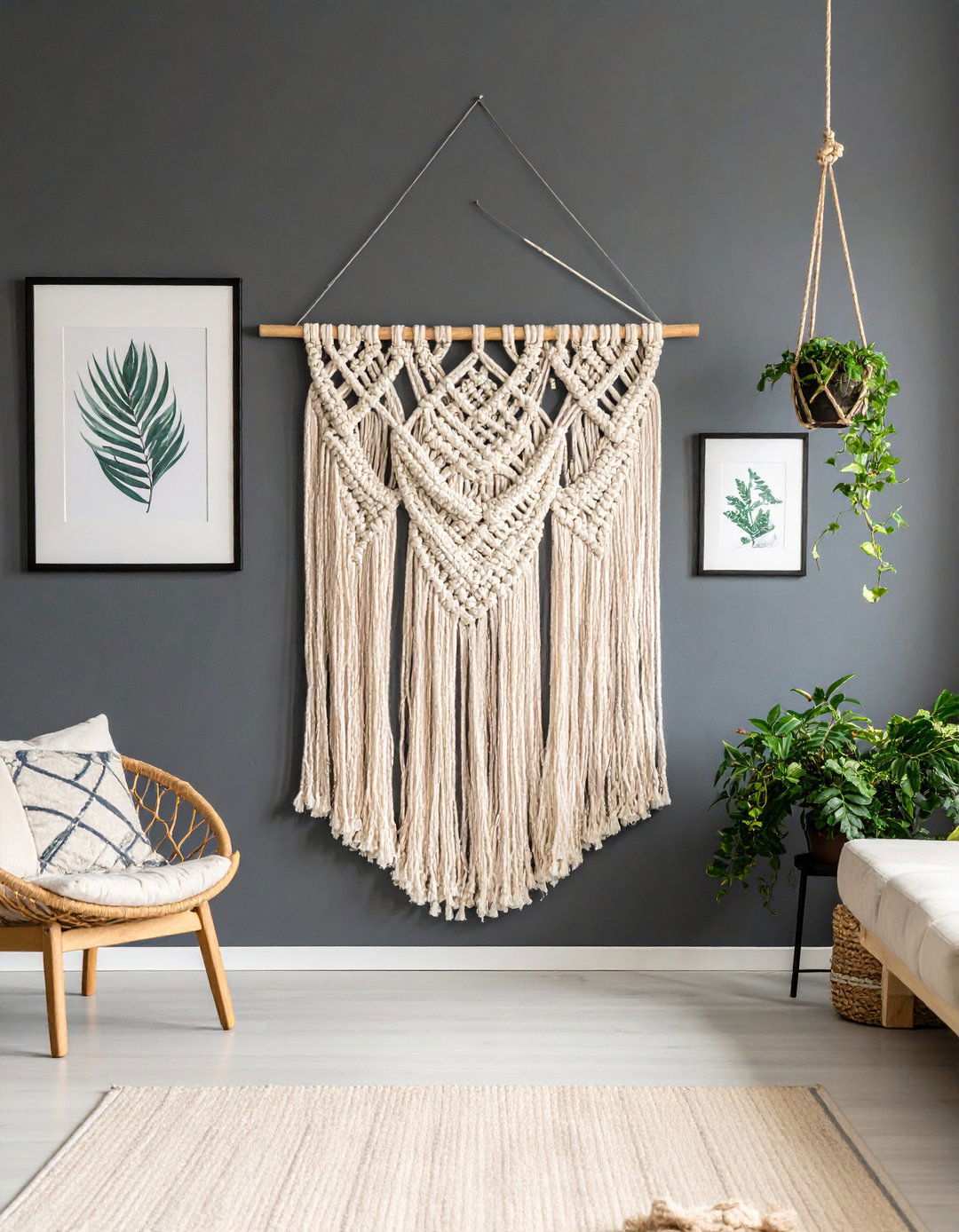 Macrame Wall Hangings for Soft Movement - 20 Black Boho Living Room Ideas