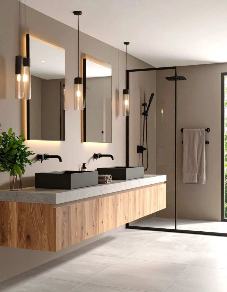 Matte Black Fixtures on Dove Grey Bathroom Walls - 20 Black and Grey Bathroom Ideas