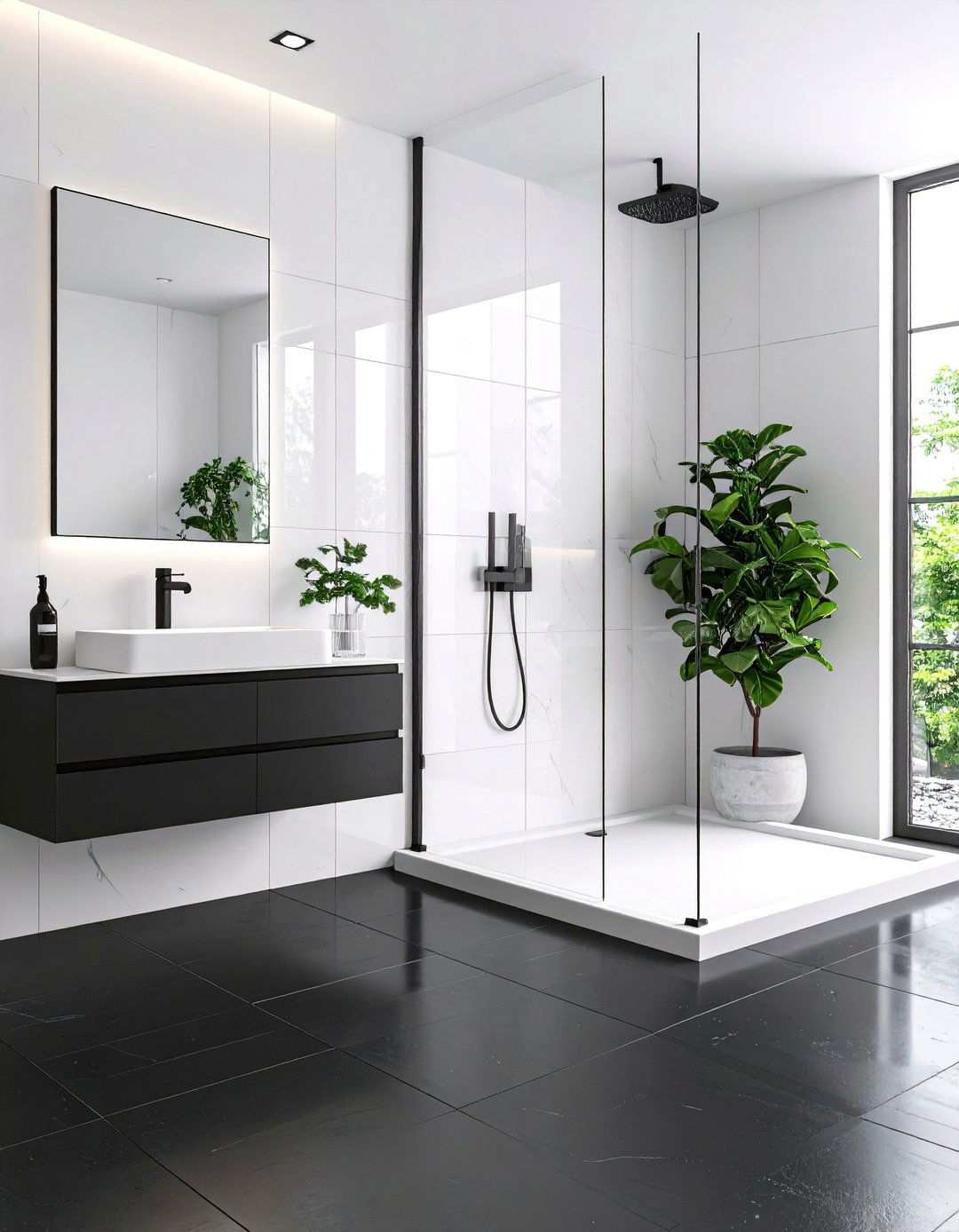 Matte Black Floor with Glossy White Walls - 20 Black and White Bathroom Tile Ideas