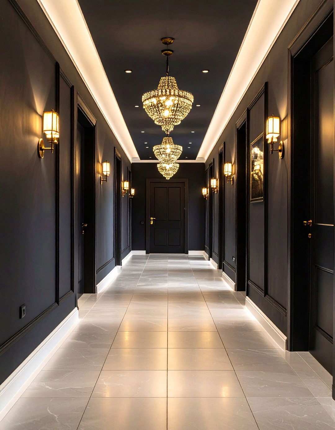 Matte Black Walls with Brass Accents - 20 Black Hallway Ideas