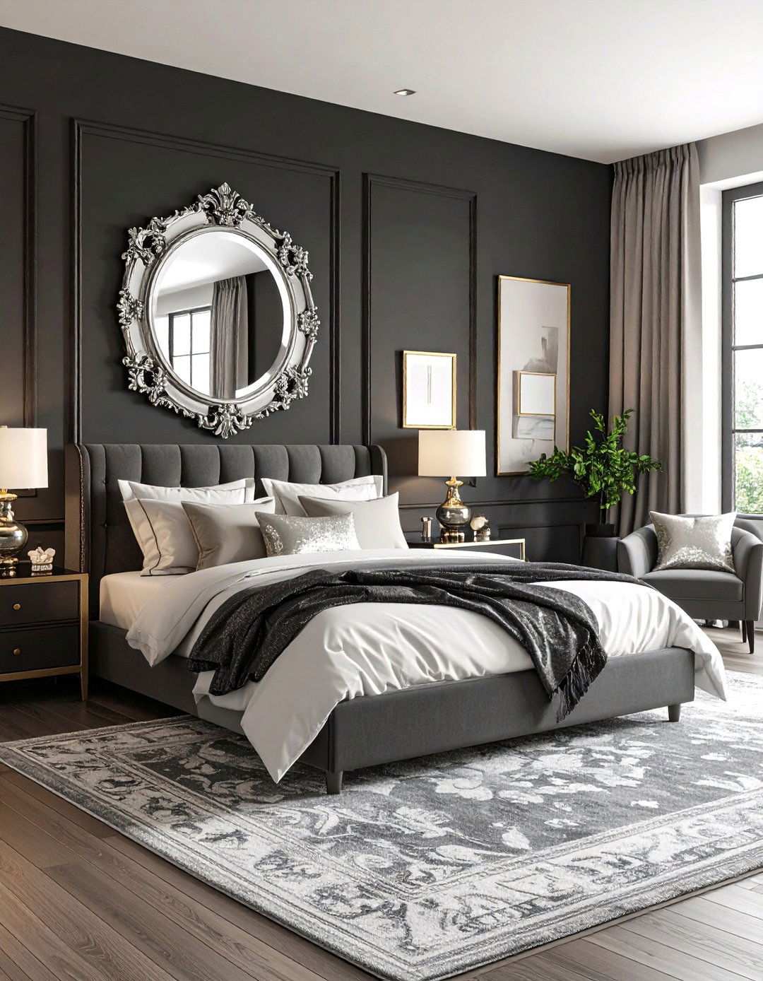 Maximalist Jet Walls and Oversized Ornate Silver Mirrors - 20 Black and Silver Bedroom Ideas