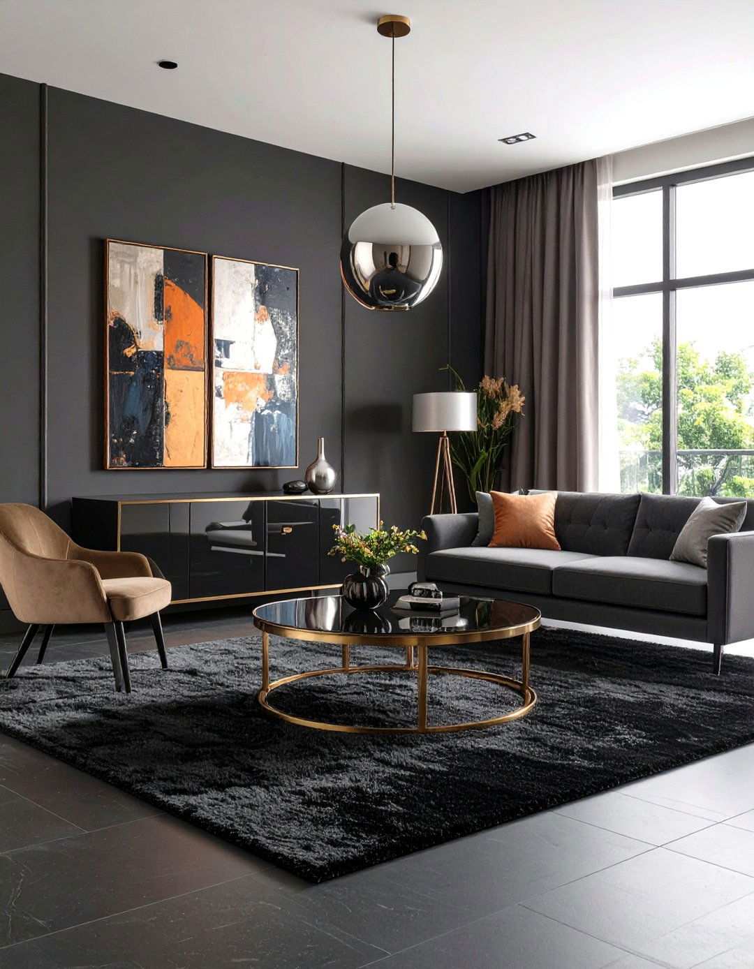 Metallic Glam on Midnight Pile - 20 Black Carpet Living Room Ideas