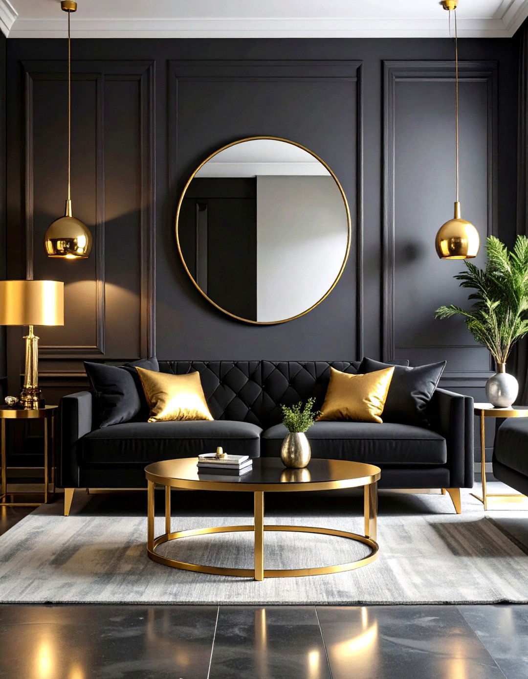 Metallic Highlights around a Black Couch - 20 Black Couch Living Room Ideas