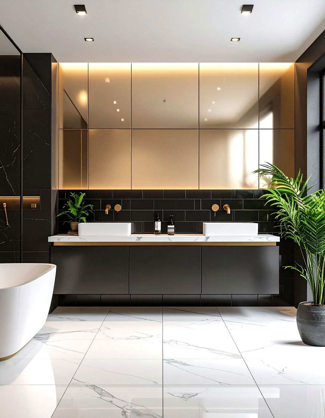 Metallic Subway Tiles with Bold Grout - 20 Art Deco Bathroom Ideas