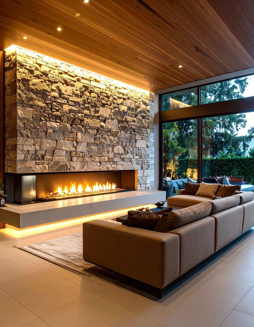 Minimalist Linear Gas Insert - 20 Stone Fireplace Ideas
