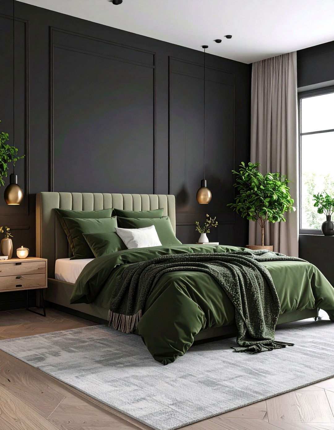 Minimalist Monochrome with Olive Accents - 20 Black and Green Bedroom Design Ideas